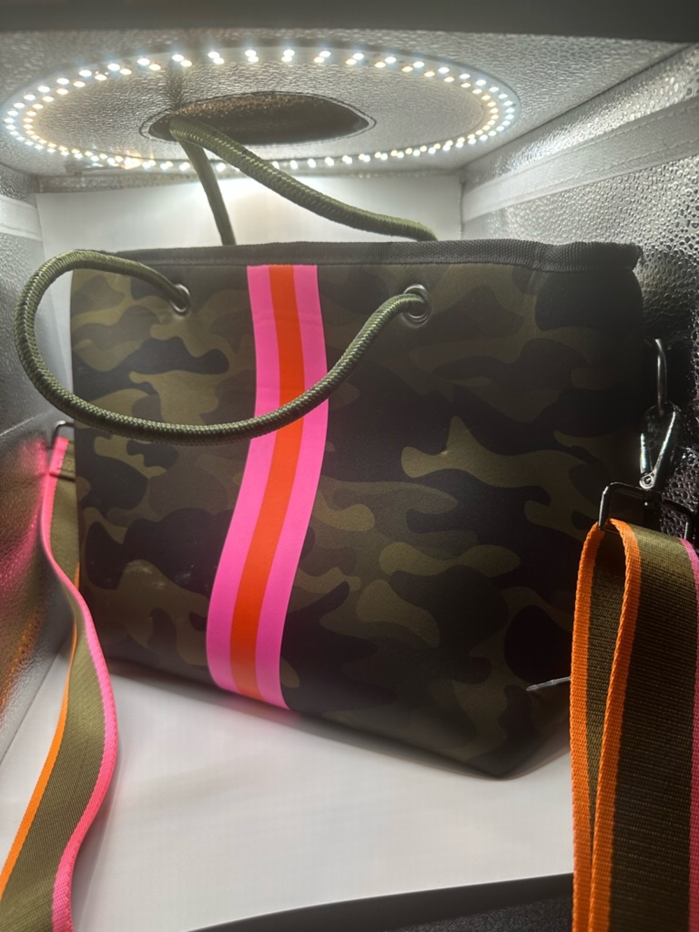 HAUTE SHORE Camo Tote with Pink & Orange Center Stripes